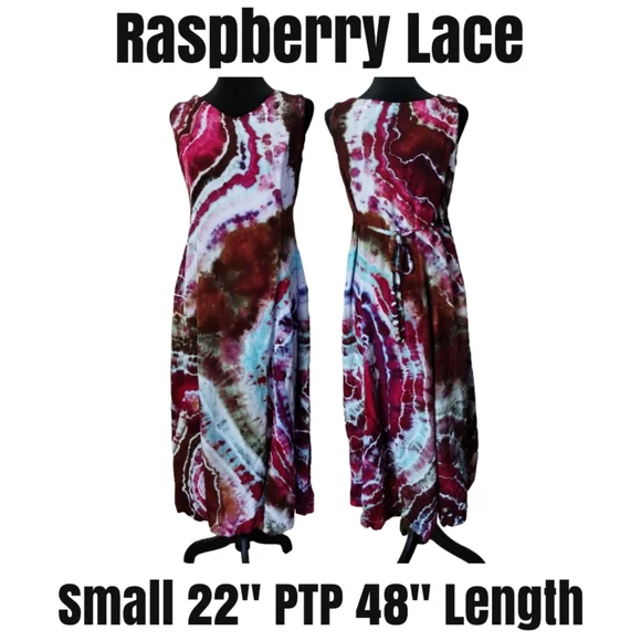 Small Maxi Length Tie Back Sleeveless Dress Geode Tie Dye Raspberry Lace - Picture 3 of 9